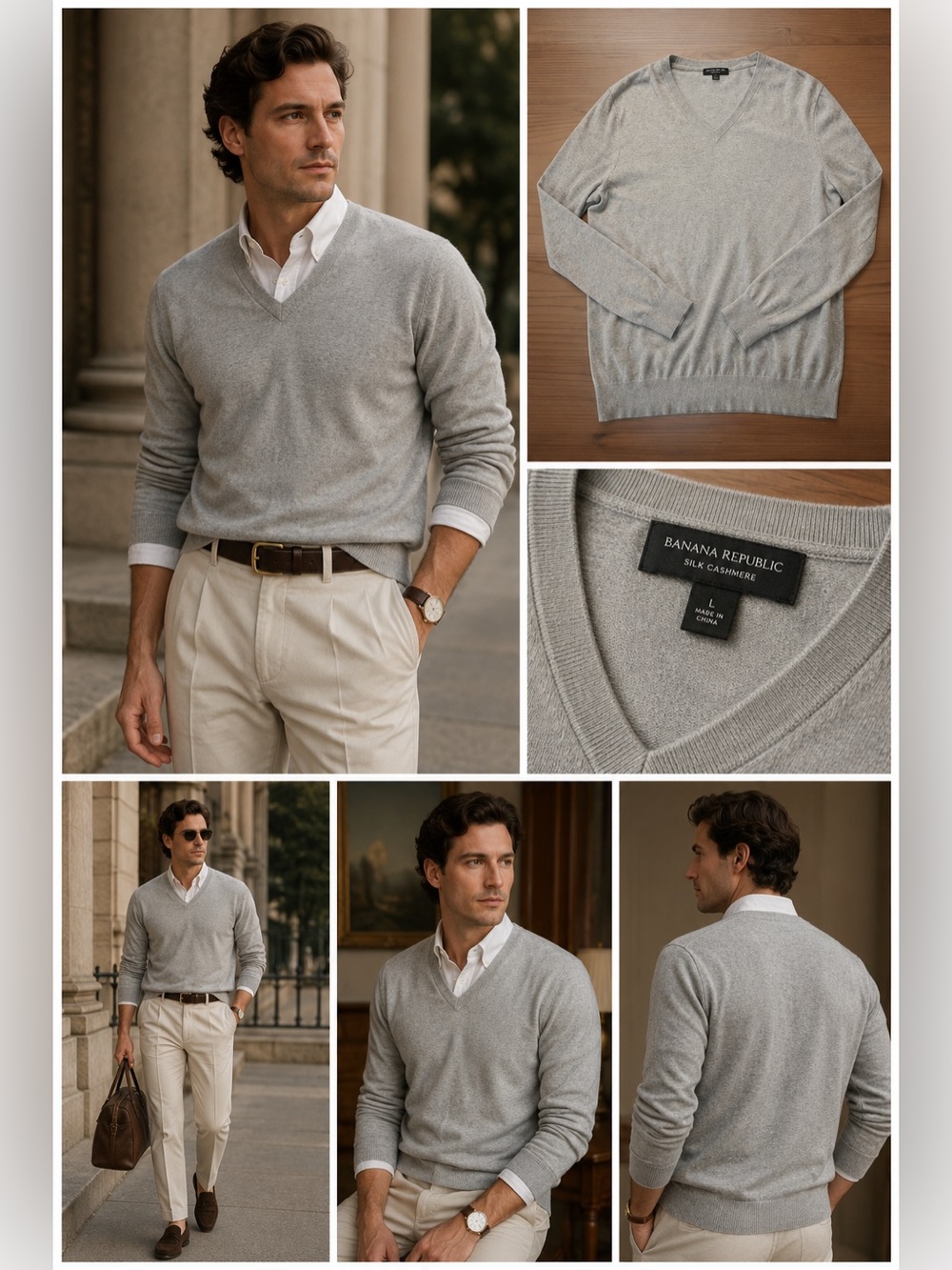Banana Republic Men’s Light Grey Cashmere Silk Sweater L Old Money Quiet Luxury